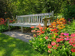 Зона для спокойного отдыха с цветочными клумбами, скамейками и фонтаном